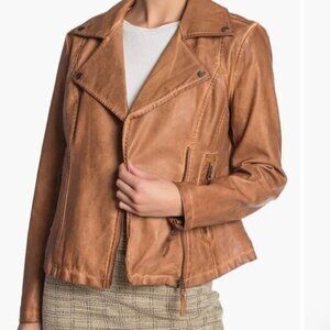 Max Studio washed faux brown Leather moto  Jacket size large